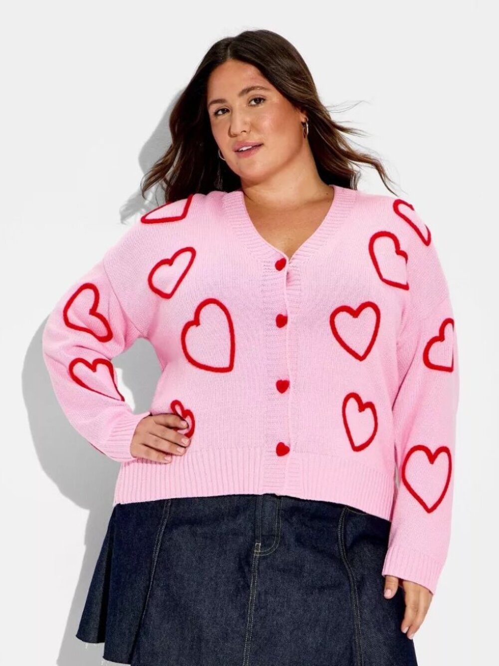 33 Degrees Pink Red Heart Graphic Button Front Cardigan Sweater Women’s XXS NWT
